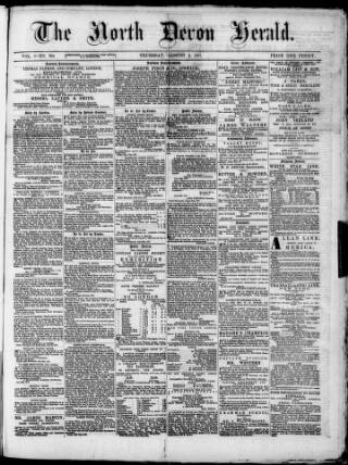 cover page of North Devon Herald published on August 2, 1877