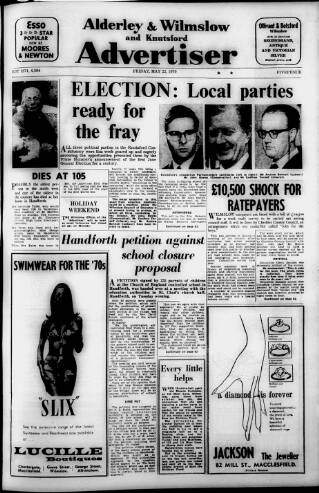cover page of Alderley & Wilmslow Advertiser published on May 22, 1970