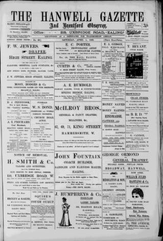 cover page of Hanwell Gazette and Brentford Observer published on April 1, 1899