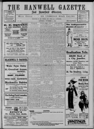 cover page of Hanwell Gazette and Brentford Observer published on November 2, 1912