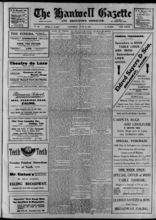 cover page of Hanwell Gazette and Brentford Observer published on June 13, 1914