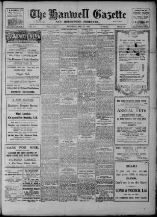 cover page of Hanwell Gazette and Brentford Observer published on May 22, 1920
