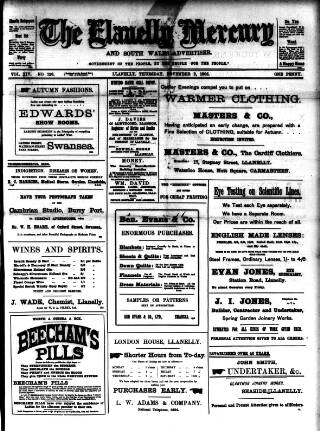 cover page of Llanelly Mercury published on November 2, 1905