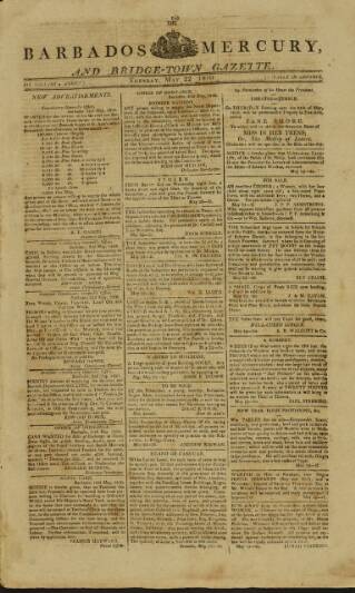 cover page of Barbados Mercury and Bridge-town Gazette published on May 22, 1810