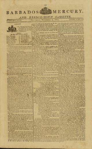 cover page of Barbados Mercury and Bridge-town Gazette published on November 2, 1811
