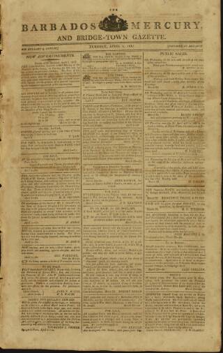cover page of Barbados Mercury and Bridge-town Gazette published on April 1, 1817