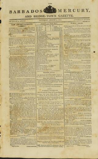 cover page of Barbados Mercury and Bridge-town Gazette published on August 2, 1817