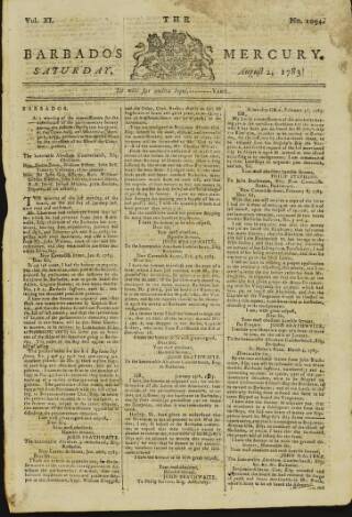 cover page of Barbados Mercury published on August 2, 1783
