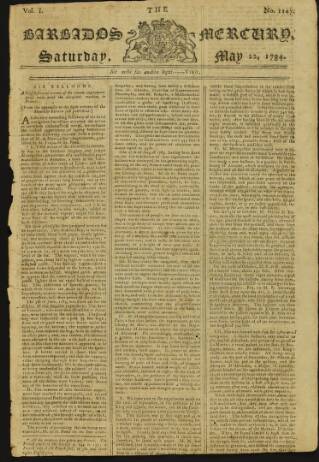 cover page of Barbados Mercury published on May 22, 1784