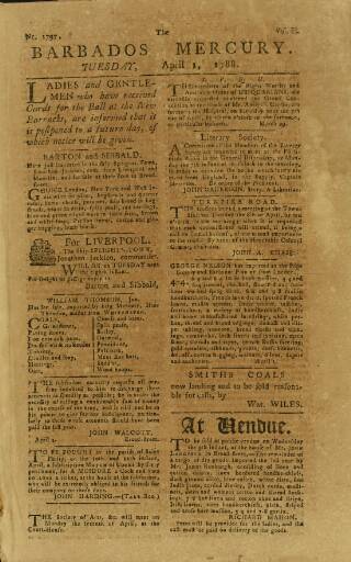 cover page of Barbados Mercury published on April 1, 1788
