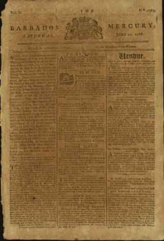 cover page of Barbados Mercury published on June 21, 1788