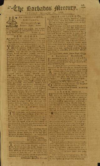 cover page of Barbados Mercury published on November 25, 1788