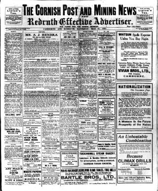 cover page of Cornish Post and Mining News published on May 22, 1920