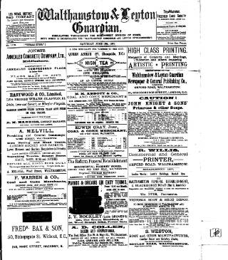 cover page of Walthamstow and Leyton Guardian published on June 13, 1891