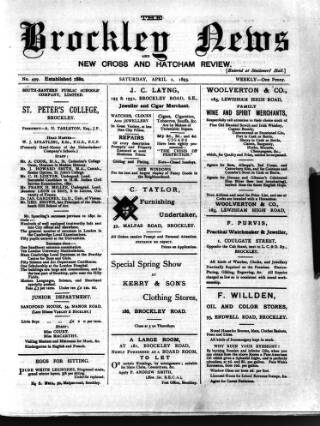 cover page of Brockley News published on April 1, 1893
