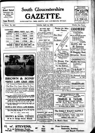 cover page of South Gloucestershire Gazette published on April 1, 1933