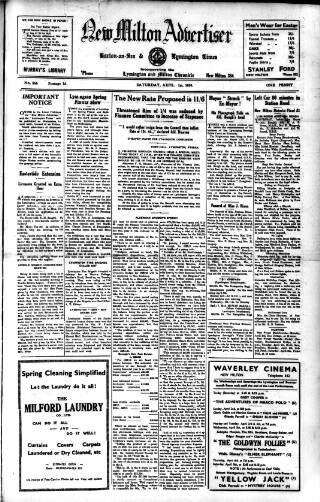 cover page of New Milton Advertiser published on April 1, 1939