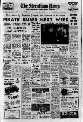 cover page of Streatham News published on June 13, 1958