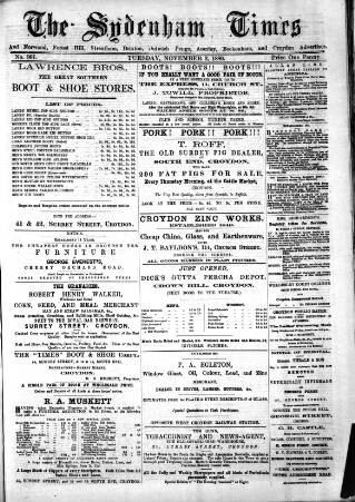 cover page of Sydenham Times published on November 2, 1880