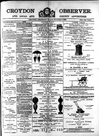 cover page of Croydon Observer published on November 2, 1882