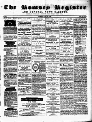 cover page of Romsey Register and General News Gazette published on May 22, 1884