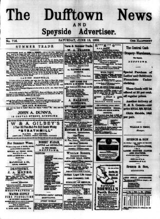 cover page of Dufftown News and Speyside Advertiser published on June 13, 1908