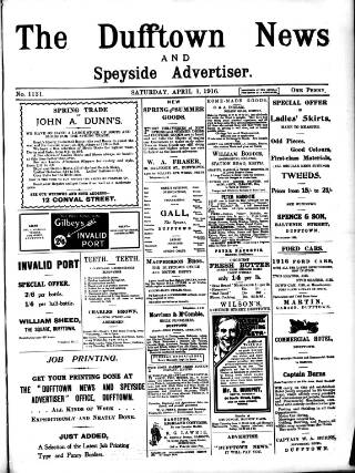 cover page of Dufftown News and Speyside Advertiser published on April 1, 1916