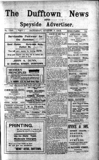 cover page of Dufftown News and Speyside Advertiser published on August 2, 1919