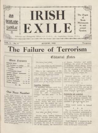 cover page of Irish Exile published on August 1, 1921