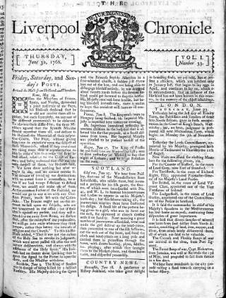 cover page of Liverpool Chronicle 1767 published on June 30, 1768