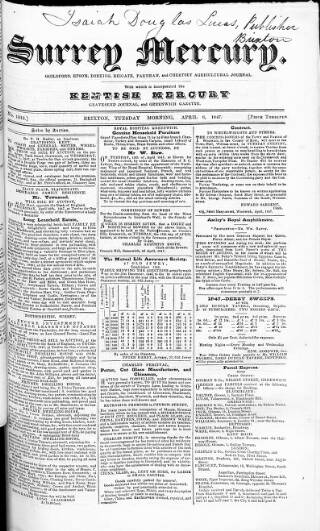 cover page of Surrey Mercury published on April 6, 1847
