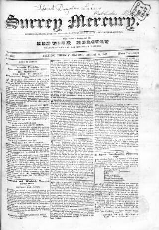 cover page of Surrey Mercury published on August 31, 1847