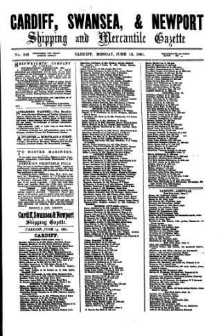 cover page of Cardiff Shipping and Mercantile Gazette published on June 13, 1881