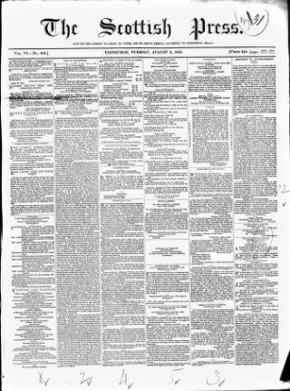 cover page of Scottish Press published on August 2, 1853