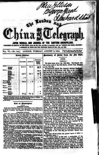 cover page of London and China Telegraph published on August 2, 1864