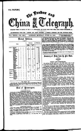cover page of London and China Telegraph published on June 13, 1881