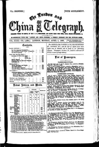 cover page of London and China Telegraph published on April 1, 1889
