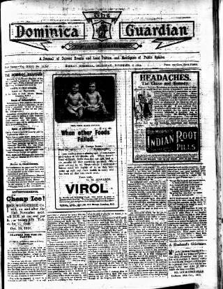 cover page of Dominica Guardian published on November 2, 1916