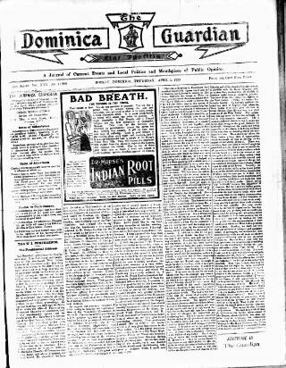 cover page of Dominica Guardian published on April 1, 1920