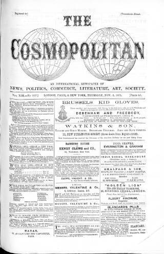 cover page of Cosmopolitan published on November 2, 1871
