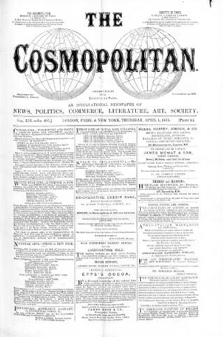 cover page of Cosmopolitan published on April 1, 1875