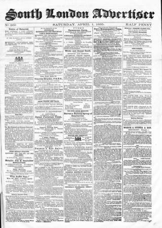 cover page of South London Advertiser published on April 1, 1865