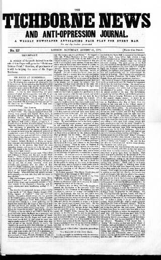cover page of Tichborne News and Anti-Oppression Journal published on August 31, 1872