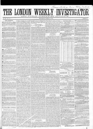 cover page of London Weekly Investigator published on August 20, 1856