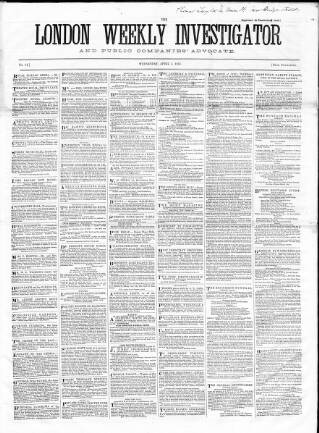 cover page of London Weekly Investigator published on April 1, 1857