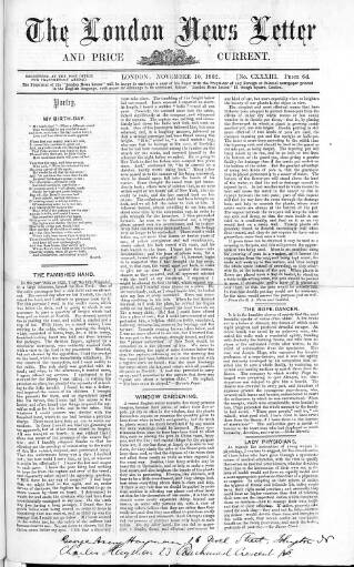 cover page of London News Letter and Price Current published on November 10, 1862