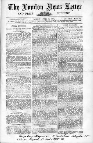 cover page of London News Letter and Price Current published on June 17, 1863
