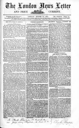 cover page of London News Letter and Price Current published on August 29, 1864