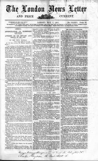cover page of London News Letter and Price Current published on May 1, 1865