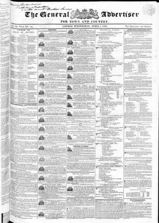 cover page of Town and Country Advertiser published on April 1, 1835